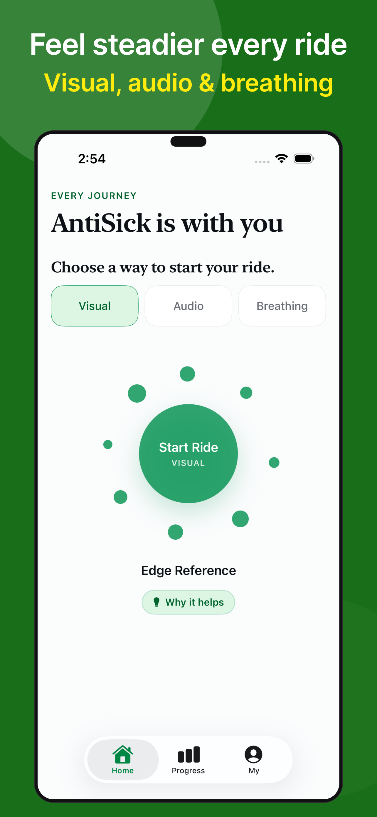 AntiSick on iPhone: choose Visual, Audio, or Breathing for a calmer ride
